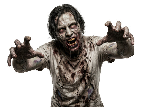 Aggressive zombie reaching out with hands isolated on transparent background