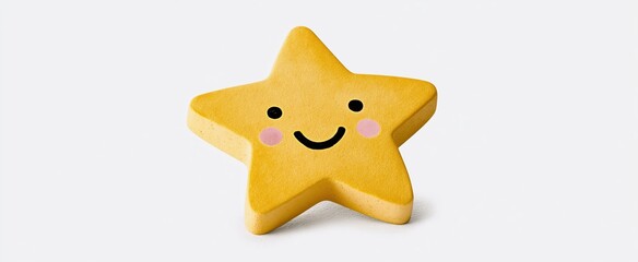 Fototapeta premium Festive golden star featuring a smiling face, ideal for cheerful holiday decorations and fun celebrations.