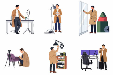 Fototapeta premium Professional inspector and technology reviewer character set evaluating various home office, audio, and interior design equipment in flat vector style.