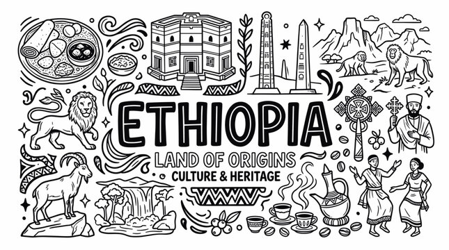 Ethiopia Land of Origins Black and White Hand Drawn Doodle Illustration