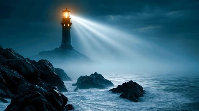 Lighthouse Beam Sweeping Through Night Sea Fog on Rocky Coast