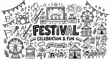 Obraz premium Festival Doodle Illustration in Black and White Hand Drawn Style