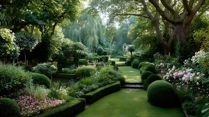 Fototapeta premium Garden view with green trees flower beds lush lawn and bushes landscape design in summer