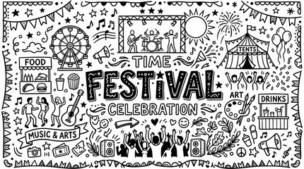 Obraz premium Festival Doodle Illustration in Black and White Hand Drawn Style