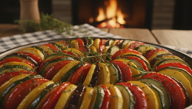 A beautifully arranged ratatouille featuring vibrant slices of zucchini tomato eggplant and squash baked in a warm rustic setting with soft evening firelight ambiance