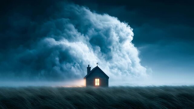 Storm Wave Crashing on Cliff Below Lit Cottage Window at Night