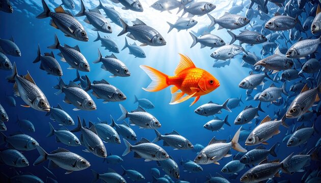 Single bright orange goldfish swims against current of large school of silver fish in deep blue ocean water
