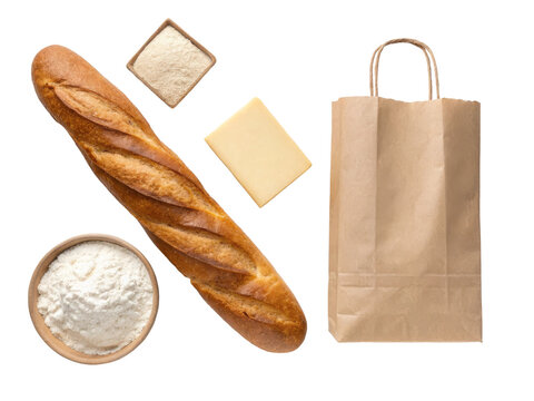 Bakery packaging paper bag bread and baking ingredients isolated commercial branding mockup assets with baguette flour butter for food retail identity menu and packaging presentation