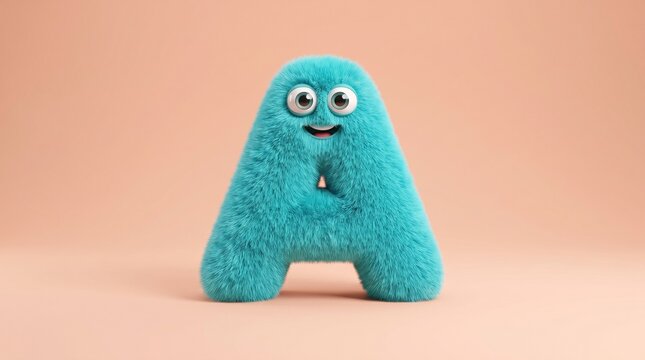 Cute turquoise fluffy letter A character with happy smiling face, 3d amigurumi style for kids education