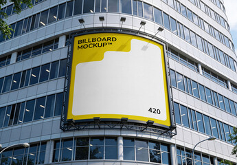 Billboard Attached to Glass Building Mockup