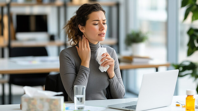 Young businesswoman suffering from sore throat while working at laptop in modern office with cold and flu symptoms	
