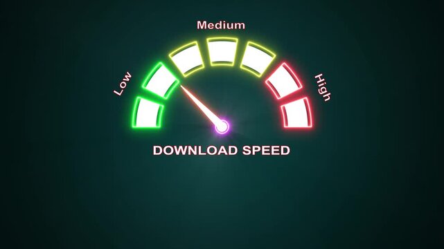 Neon download speed speedometer interface with glowing needle movement.