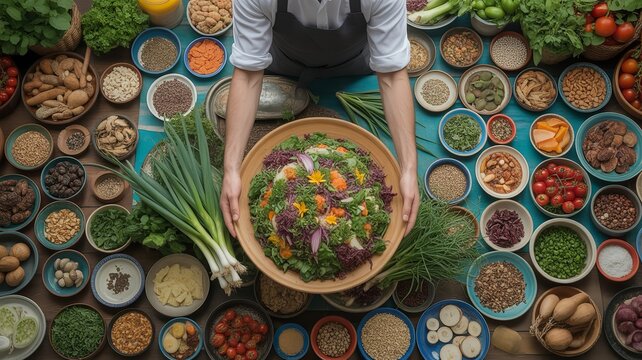 Person holding wooden bowl of colorful salad surrounded by fresh vegetables grains legumes nuts seeds in vibrant natural display