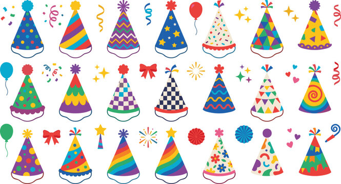 Colorful Birthday Cone Hat Vector Illustration Set with Festive Party Elements, Balloons, and Streamers for Celebration Posters and Sticker Designs