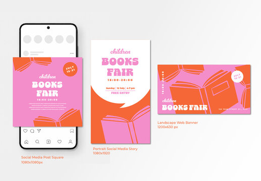 Kids Book Festival Social Media Post and Story Template Layout Set, Colorful 2D Vector Digital Marketing Kit