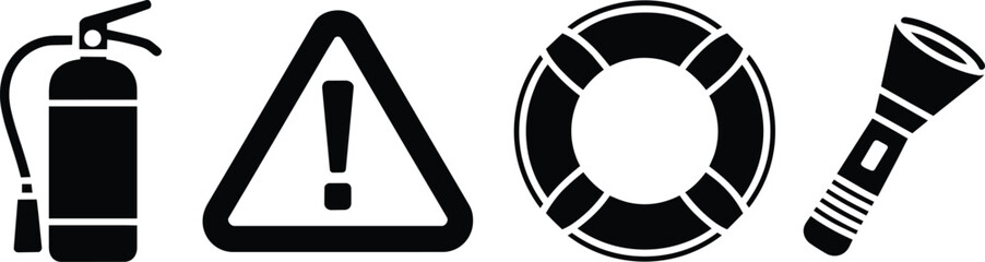 Emergency and safety preparedness icons featuring fire extinguisher, hazard warning triangle, lifebuoy, and handheld flashlight and response © MC Creative