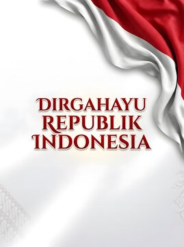 Elegant vertical poster for Indonesian independence day featuring red typography text and a luxurious waving flag on the top right corner.