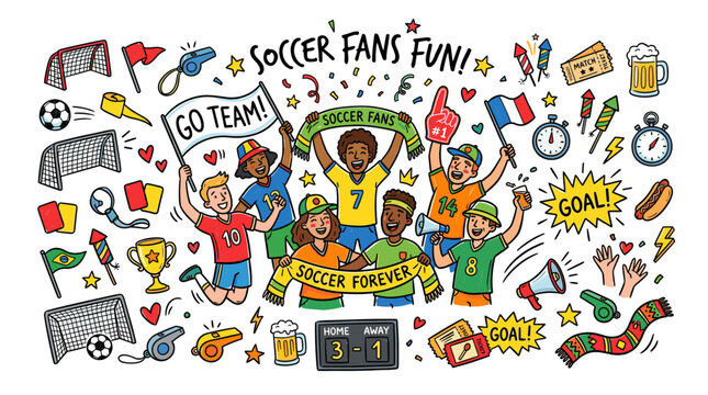 Soccer Fans Fun Colorful Hand Drawn Sport Doodle Illustration
