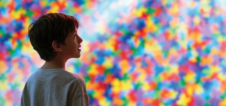 A cheerful young child looks towards a vibrant mosaic of colorful puzzle pieces, symbolizing Autism Awareness Month.