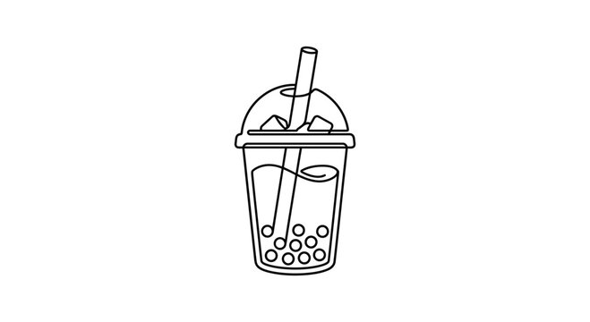 Minimalist line art of a bubble tea drink in a plastic cup with straw and tapioca pearls.