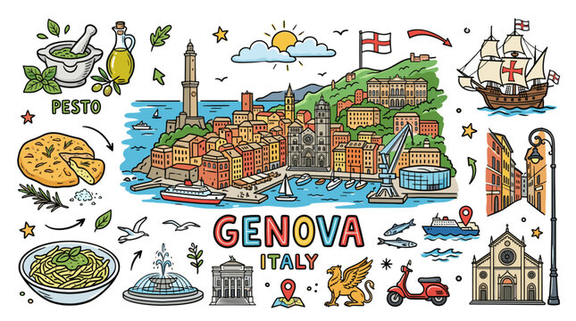 Genova City Map With Landmarks in Colorful Hand Drawn Doodle Style
