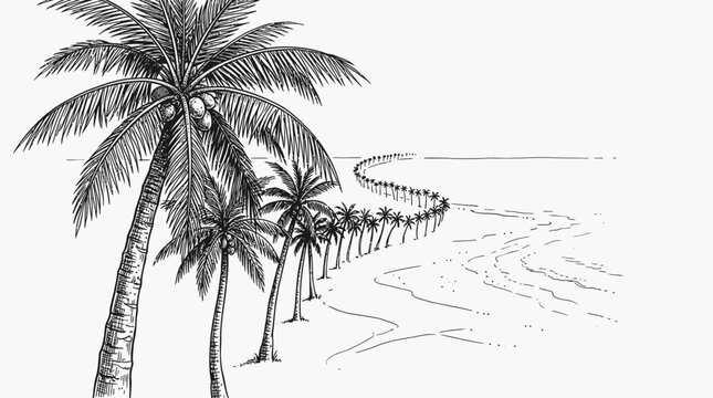 Hand-drawn sketch of palm trees winding along a sandy beach shore next to calm ocean waves in a minimalist black and white line art style