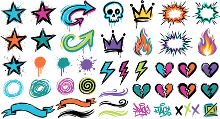 Set of graffiti elements, street art icons, spray paint drips, stars, crowns, hearts, arrows, comic bubbles, lightning and swirls © ISMOTARA