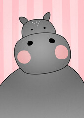 A cute cartoon hippopotamus stands against a pink striped background