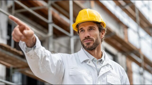 Confident construction manager in a hard hat giving directions by pointing his finger