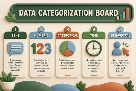 A data categorization board displays five types of data: Text, Numeric, Categorical, Time, and Behavioral.