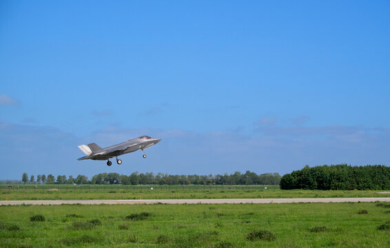A stealth fighter takes off from the runway in Leeuwarden