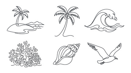 Tropical Island, Palm Tree, Ocean Wave, Coral, Seashell, Seagull - Line Art Icons © anshel
