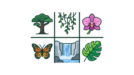 Nature Tic Tac Toe Grid: Forest Tree, Vines, Orchid, Butterfly, Waterfall, Leaf © anshel