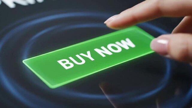 Pressing Glowing Green Buy Now Button on Digital Screen for Online Shopping
