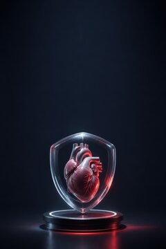 Human Heart Protected by Transparent Shield on Dark Platform