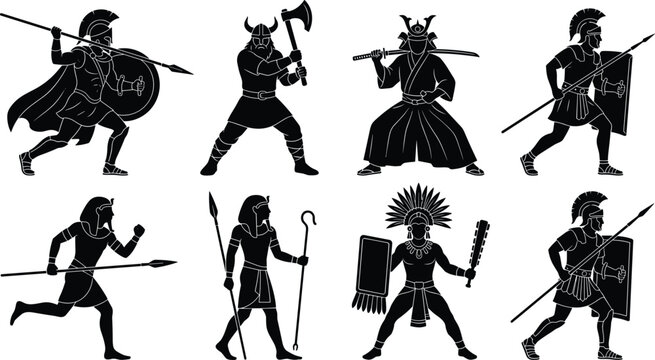 Ancient warrior silhouette vector icon set featuring spartan gladiator samurai viking and egyptian fighter historical designs