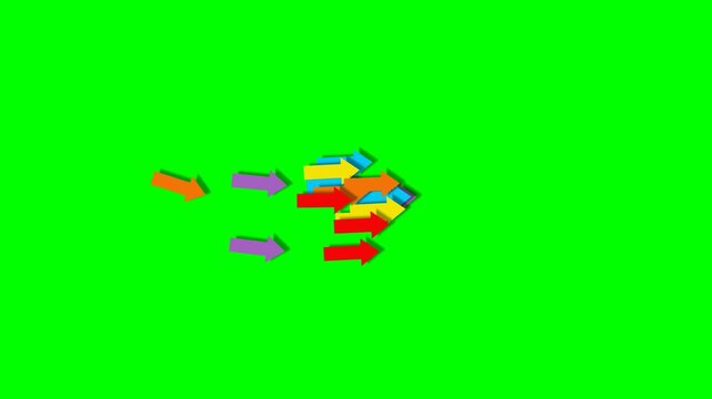 Animated multi-colored 3D arrows moving dynamically across a green screen backdrop, eventually gathering and merging to point into one single direction. Perfect for business growth, direction, and lea