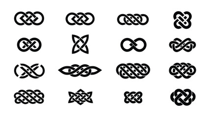 Celtic knot collection featuring infinity symbols, interlaced rope loops, ornamental braid icons, and medieval woven knotwork in elegant black vector style, isolated on a transparent background for de © Abdul Malek
