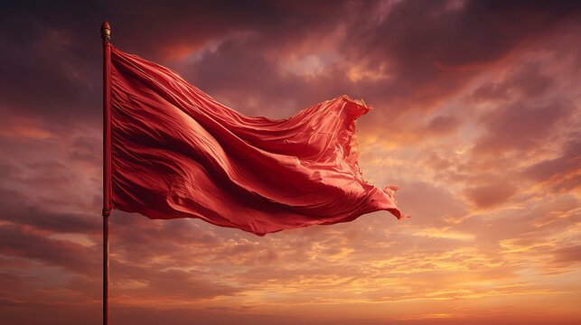 Plain red flag waving during a colorful sunset with golden light illuminating the fabric against a dramatic sky, perfect for symbolism, backgrounds, and creative designs.