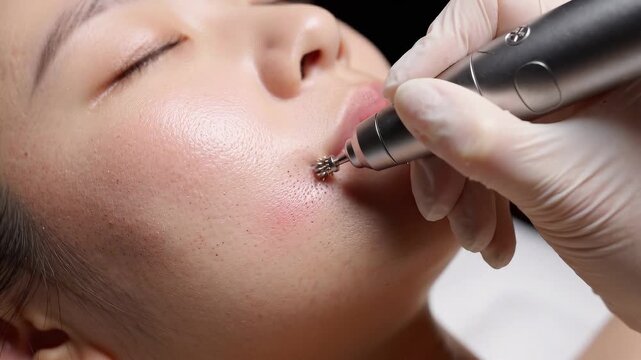 Close-up video of microneedling pen device gliding slowly across facial skin, fine needles gently gliding over cheek and jawline, visible skin texture reacting to treatment