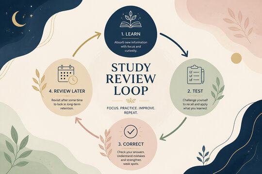 A diagram illustrates the Study Review Loop process with four stages: Learn, Test, Correct, and Review Later.