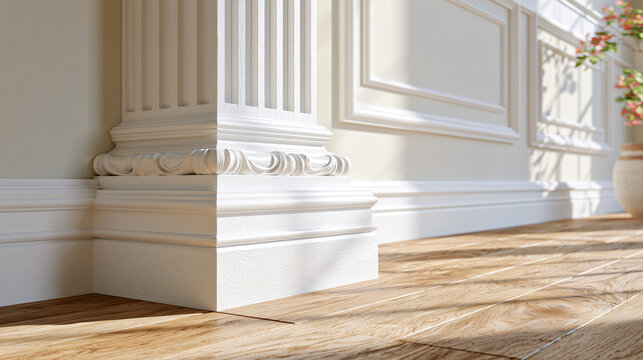 Elegant decorative interior column base with ornate molding and hardwood floor in luxury classic architectural design	
