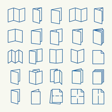 Blue line icons showing brochure and booklet layout folds.