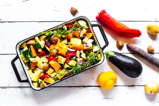 Oven vegetables, zucchini, aubergine, potato, carrot, sweet potato, champignon, onion and garlic