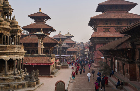 Historic Durbar Square with traditional Newari temples and daily life in Kathmandu, Nepal