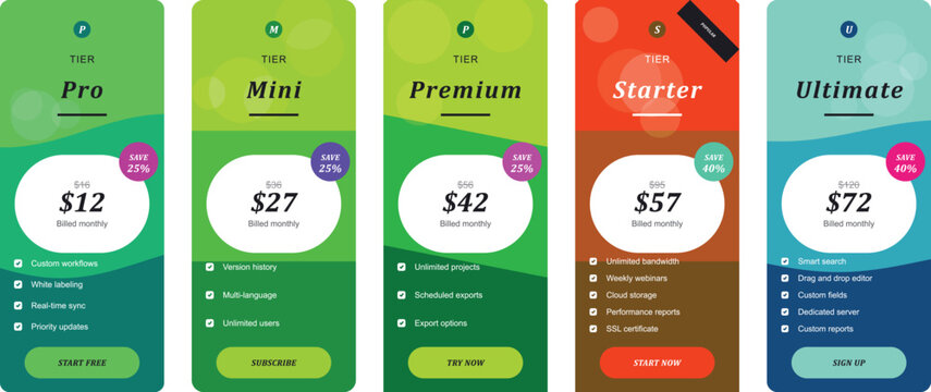 Modern pricing plan templates featuring multiple tiers of service, set against colorful backgrounds, with clear pricing and feature highlights for user choice.