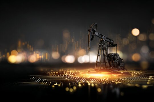 Envisioning the digital transformation of the oil industry. Artificial consciousness. Digital oil pump jack on circuit board with illuminated financial graphs. Neural interface.