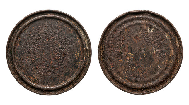 Two old bronze coins with ancient symbols isolated on transparent background