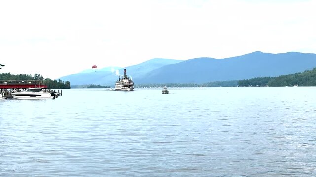 Steamboat and other boats enjoying an afternoon of fun on Lake George in New York State.