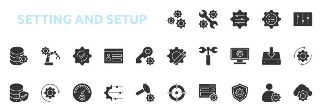 Setting and Setup icon set glyph style with configuration, preferences, controls, customize, tools, system setup, installation, update icons